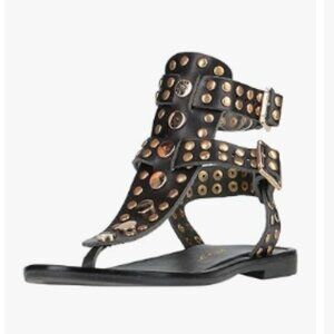 FOWT Black Round Split Toe Rivet Studded Flat Gladiators Ankle Strap Sandals